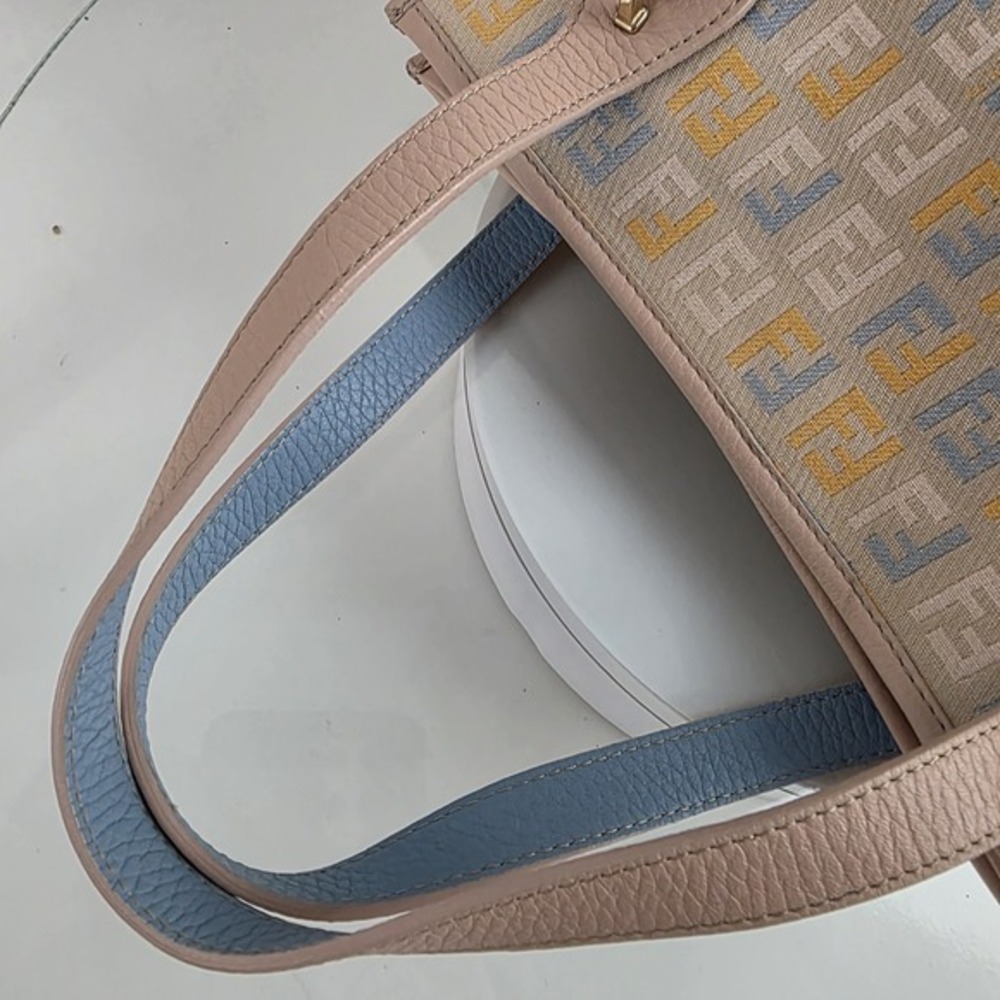 FENDI Zucchino Canvas Small  Shopping Handbag Tote Beige Blue Yellow Dustbg Rare - Picture 12 of 17